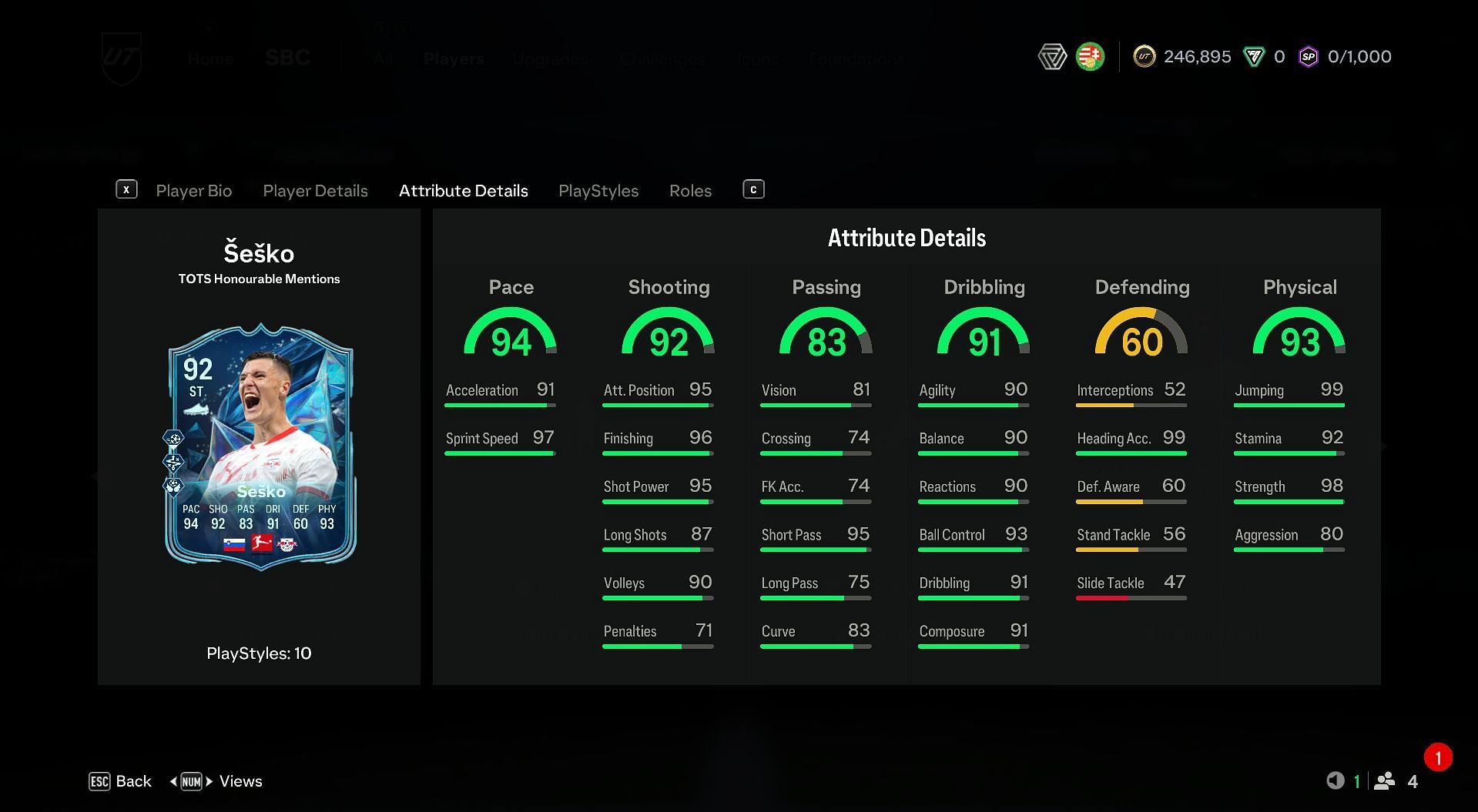 Benjamin Sesko TOTS Honourable Mentions card attributes (Image via EA Sports)